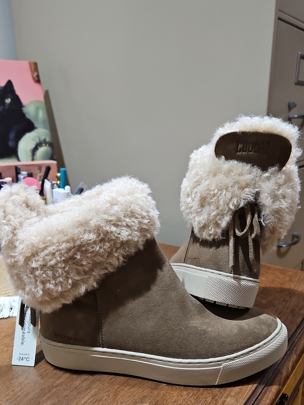 Cougar Taupe Suede-Look Waterproof Winter Boots with Cream Shearling Collar